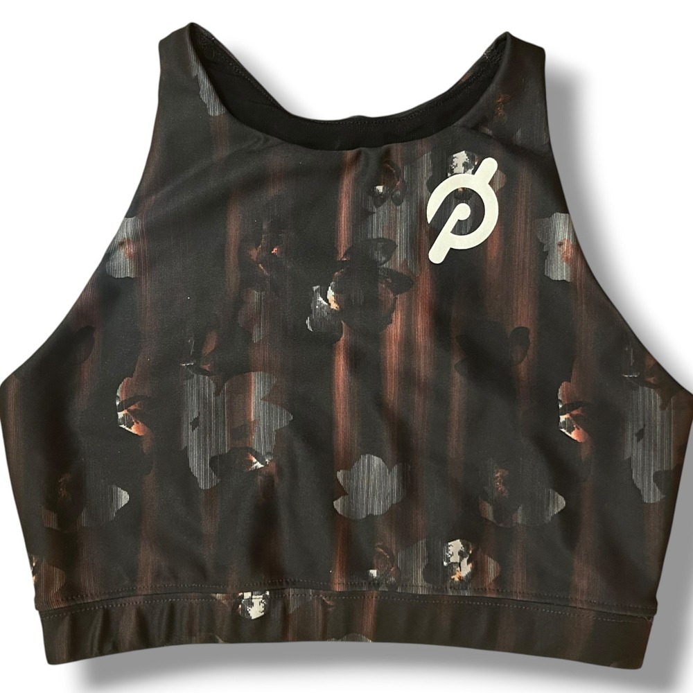 PELOTON Small Show Up Floral High Neck Sports Bra Black Brown Low Impact Run